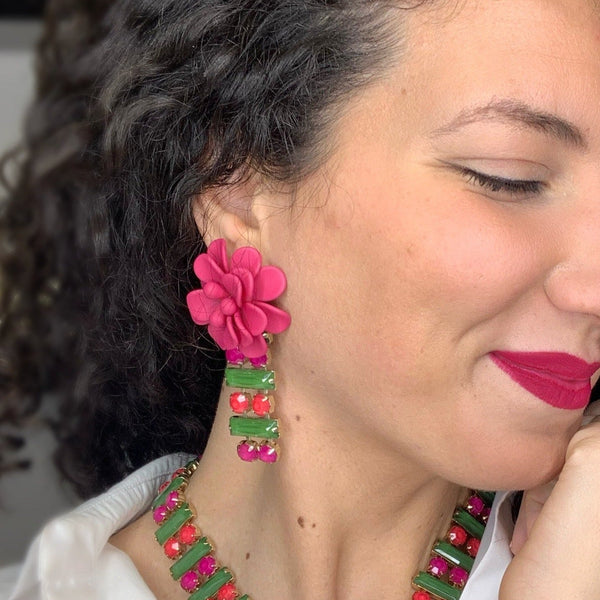 "La Dolce Vita" Hibiscus Sicilian Bougainvillea Hot Pink Drop Earrings with Hand Painted Resin Stones