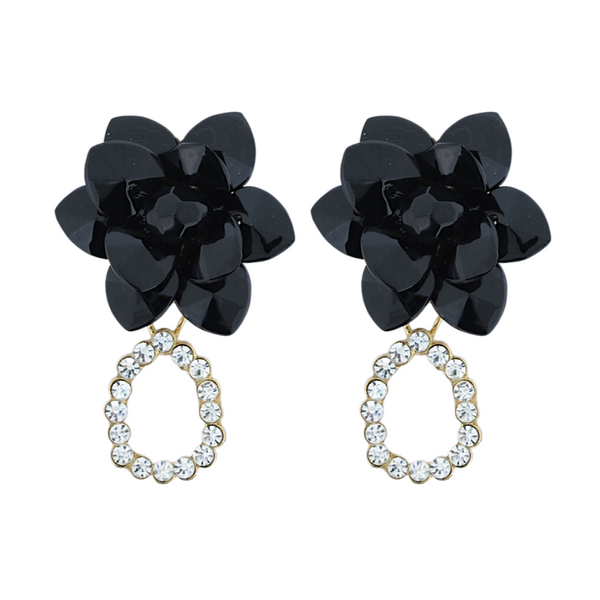 Midnight Gala Black Lily Earrings Laquer Effect - Crystal stones