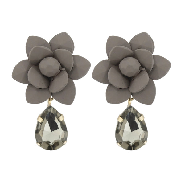 Italian Dove Grey Modern Marble Lily Earrings Silk Effect - Black Diamond Crystal Drop