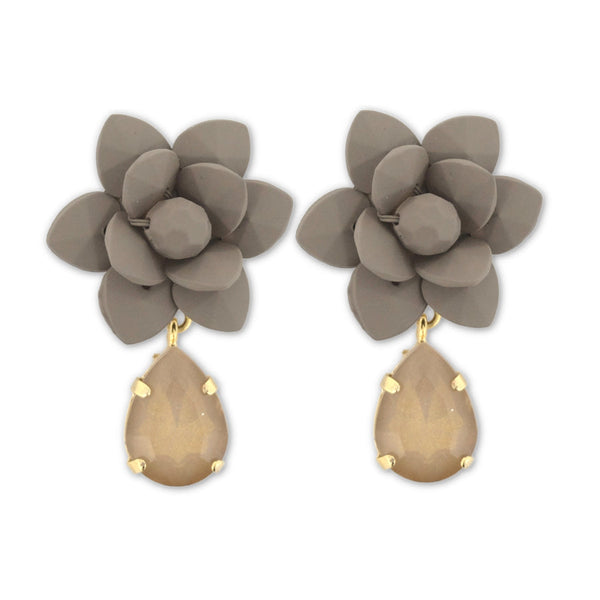 Italian Dove Grey Modern Marble Lily Earrings Silk Effect - Black Diamond Crystal Drop