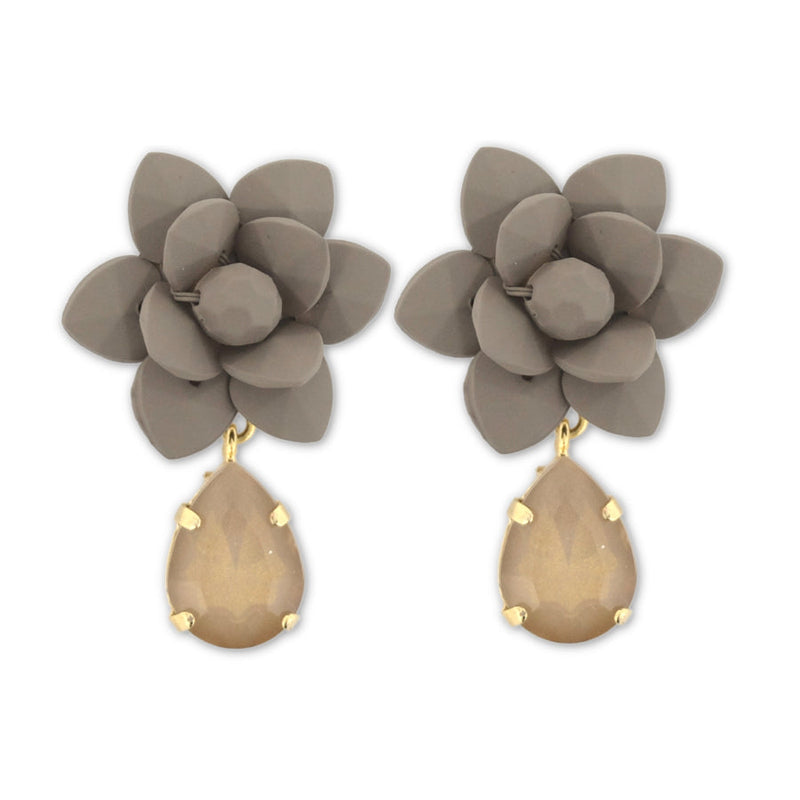 Italian Dove Grey Modern Marble Lily Earrings Silk Effect - Black Diamond Crystal Drop