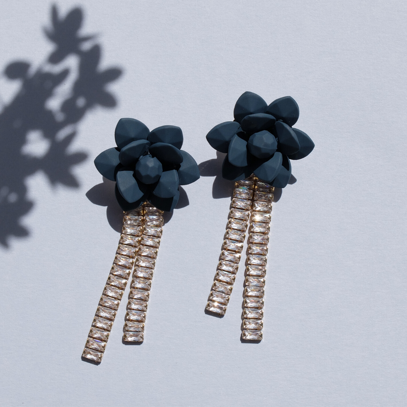 Chandelier Retro Zircons Classic Water Drop Earrings with Adriatic Sea Blue Breezy Lily Hand-Sewn Flower