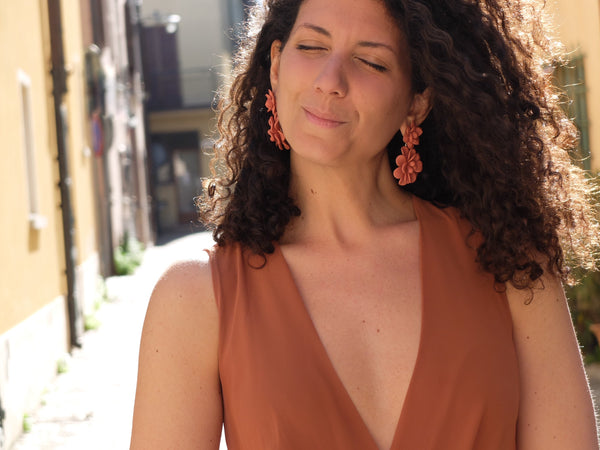Terracotta Hibiscus Silk Effect - Double Pendant Earrings