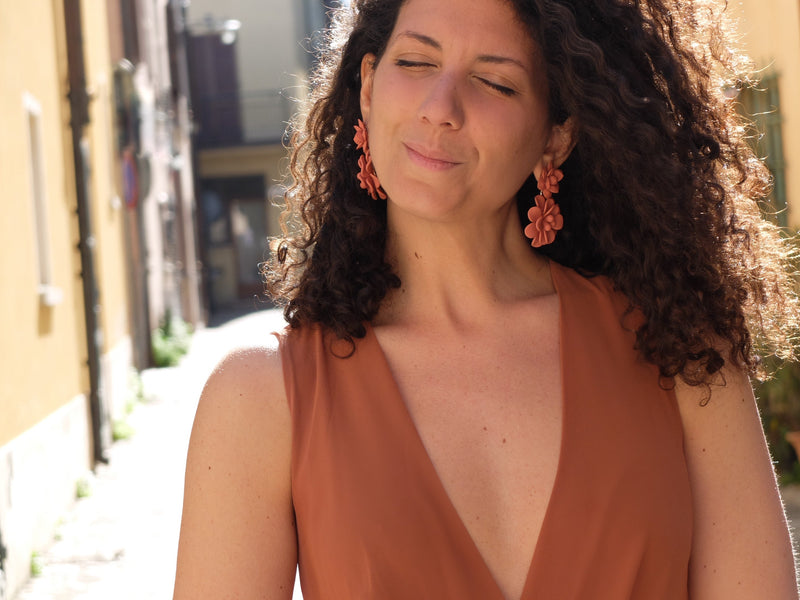 Terracotta Hibiscus Silk Effect - Double Pendant Earrings