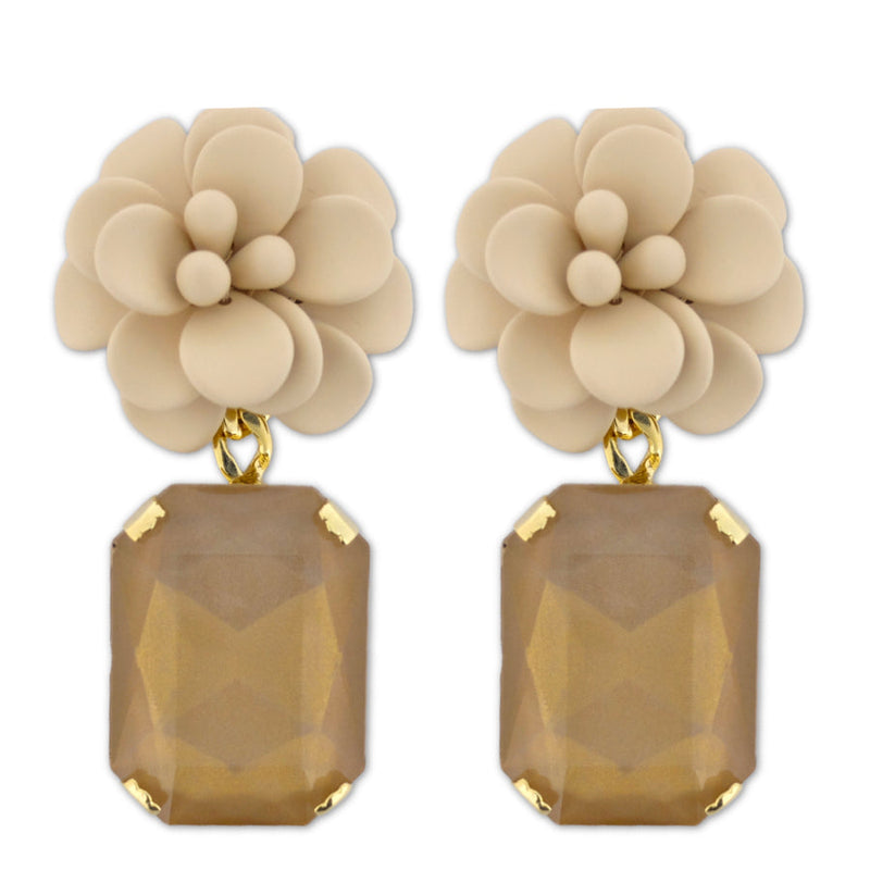 Italian Sand Beige Hibiscus Earrings - Emerald Cut Hand Painted Resin Pendant