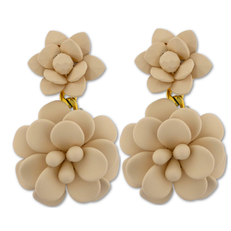 Italian Sand Beige Hibiscus Silk Effect - Double Pendant Earrings