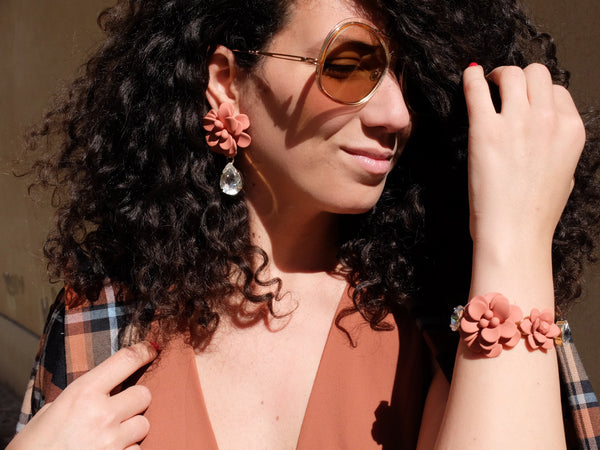 Terracotta Hibiscus and Lily Bracelet with Diamond Cut Crystals