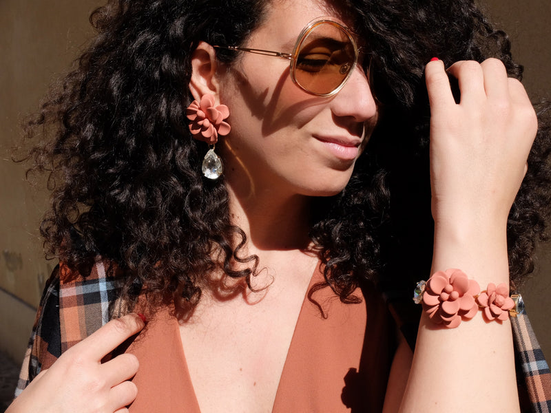 Terracotta Hibiscus and Lily Bracelet with Diamond Cut Crystals