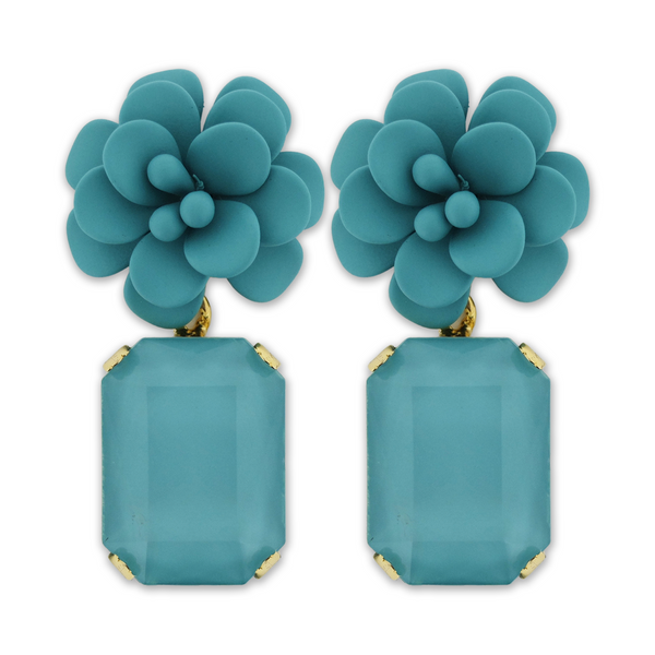 Portofino Bright Turquoise Hibiscus Earrings - Emerald Cut Hand Painted Resin Pendant