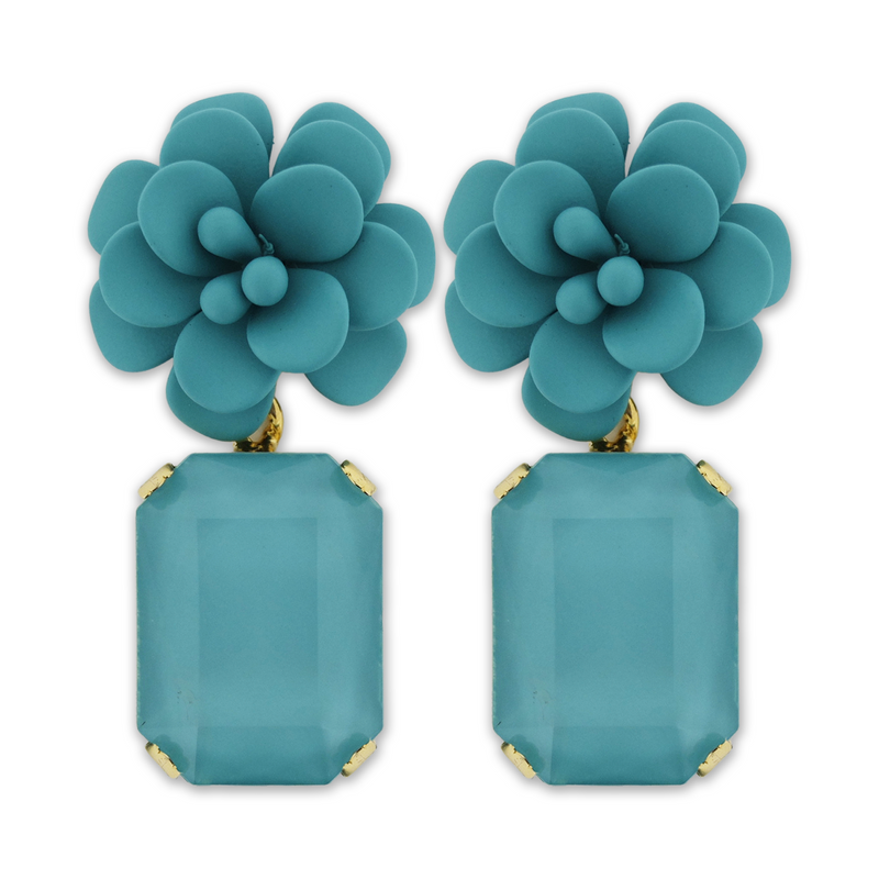 Portofino Bright Turquoise Hibiscus Earrings - Emerald Cut Hand Painted Resin Pendant