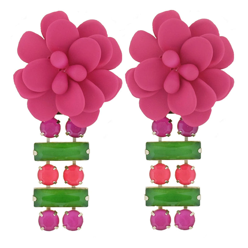 "La Dolce Vita" Hibiscus Sicilian Bougainvillea Hot Pink Drop Earrings with Hand Painted Resin Stones