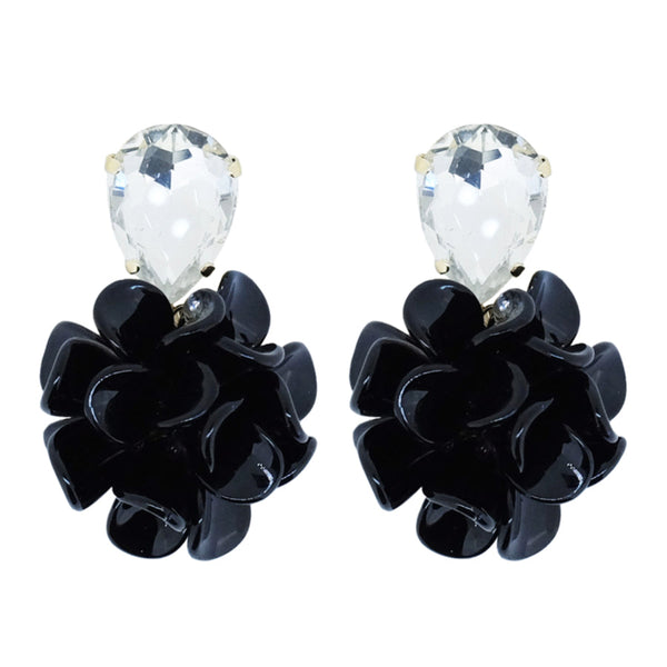 Midnight Gala Black Laquer Effect Dahlia Dangle Drop Crystal Earrings - Capricorn