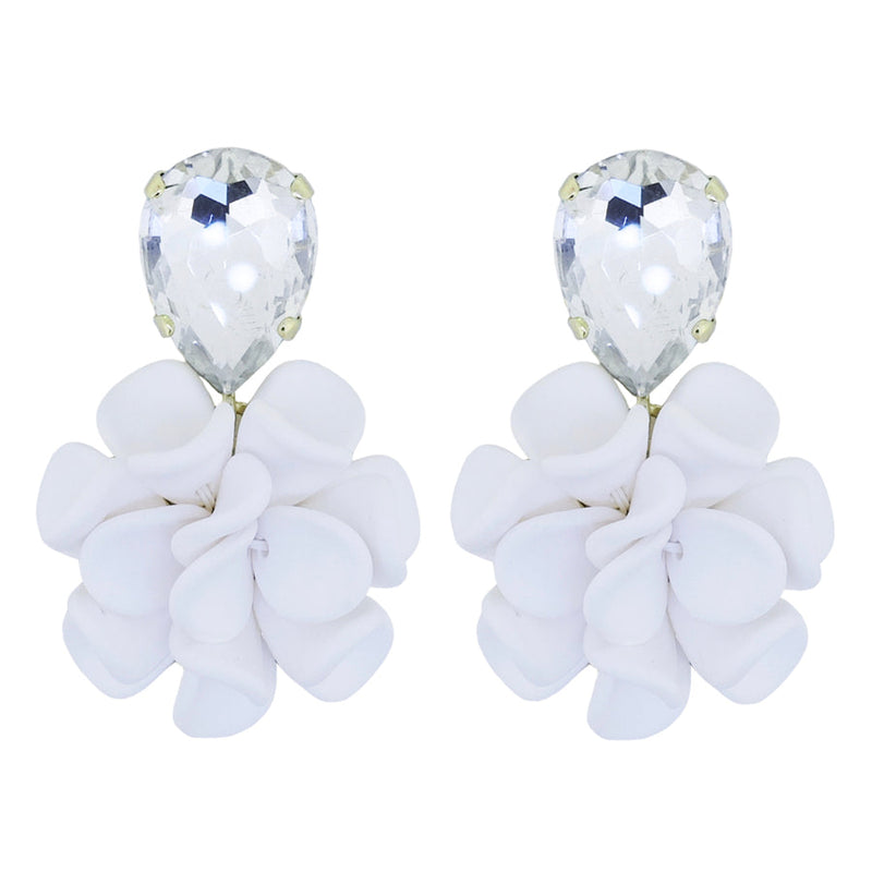 Mediterranean White Dahlia Dangle Drop Crystal Earrings - Gemini