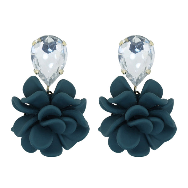 Adriatic Sea Breezy Blue Dahlia Dangle Drop Crystal Earrings - Pisces