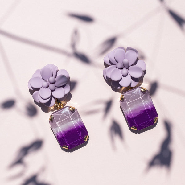Hibiscus Earrings - Emerald Cut Hand Painted Resin Pendant