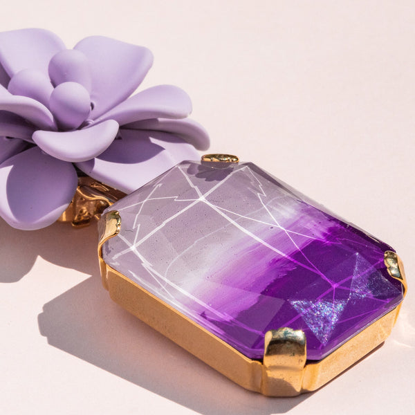 Hibiscus Earrings - Emerald Cut Hand Painted Resin Pendant