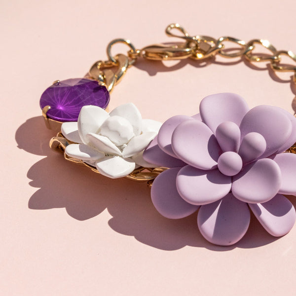 Hibiscus and Lily Bracelet with Diamond Cut Hand painted Resin Stones