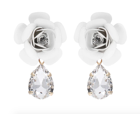 Murano Camellia Dangle Drop Earrings with Crystal Drop- Silk Effect