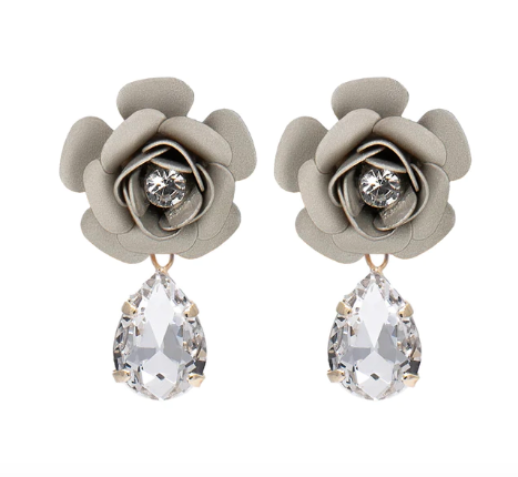 Murano Camellia Dangle Drop Earrings with Crystal Drop- Silk Effect