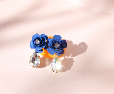 Murano Camellia Dangle Drop Earrings with Crystal Drop- Silk Effect