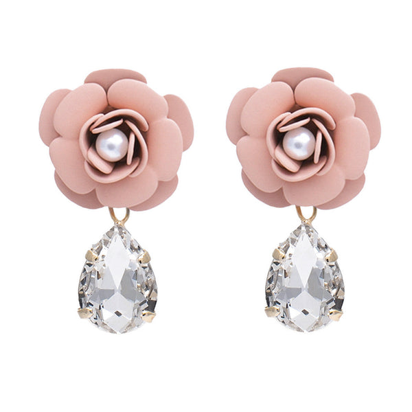 Murano Pink Sunset Camellia Dangle Drop Earrings with Crystal Drop- Silk Effect
