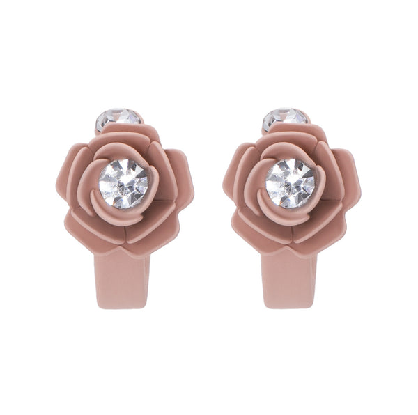 Murano Pink Sunset Camellia Mini Floral Hoop Earrings with Crystals - Silk Effect