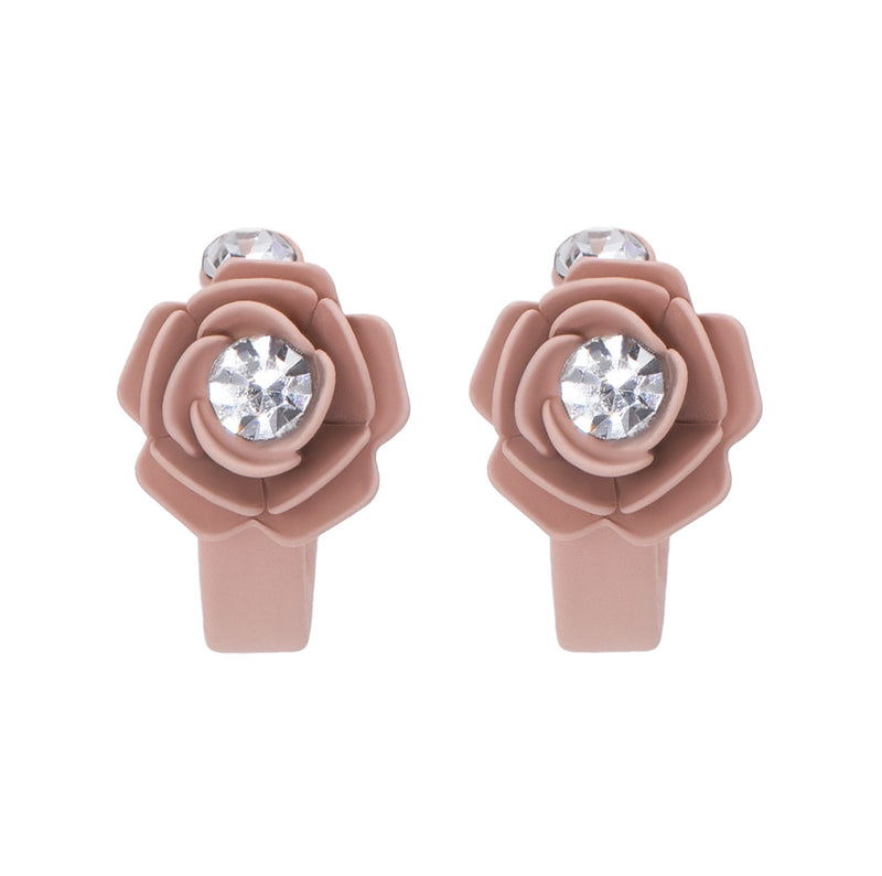 Murano Pink Sunset Camellia Mini Floral Hoop Earrings with Crystals - Silk Effect