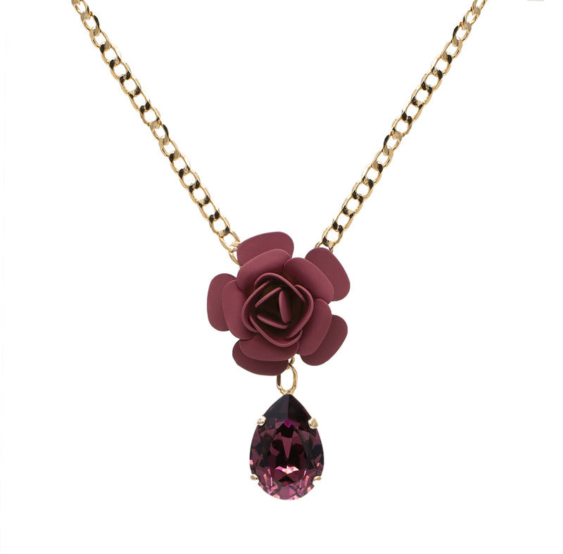 Camellia Necklace with Crystal Drop - Silk Effect