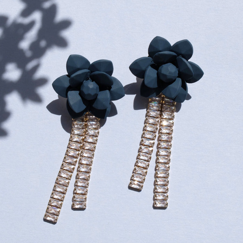 Chandelier Retro Zircons Classic Water Drop Earrings with Adriatic Sea Blue Breezy Lily Hand-Sewn Flower