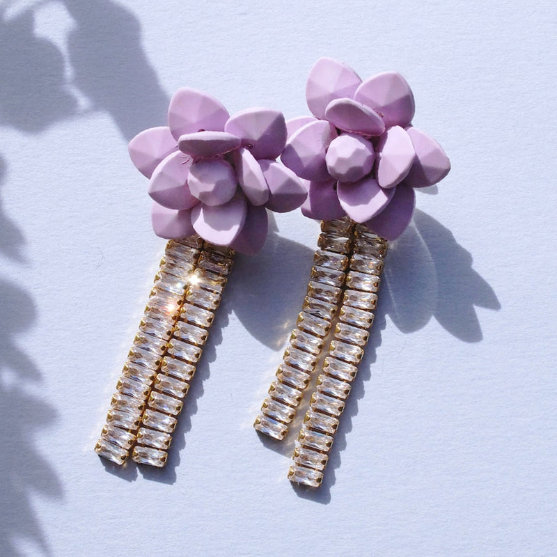 Chandelier Retro Zircons Classic Water Drop Earrings with Sardinian Lavander Hand-Sewn Flower