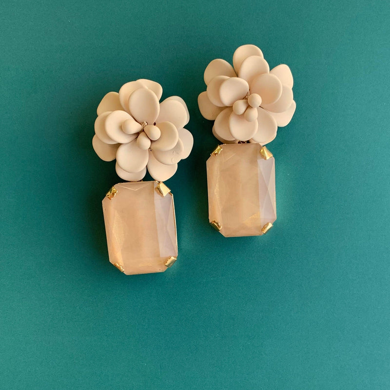 Italian Sand Beige Hibiscus Earrings - Emerald Cut Hand Painted Resin Pendant