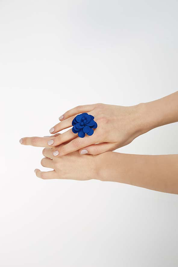 Blue Capri Hibiscus Silk Effect Adjustable Ring