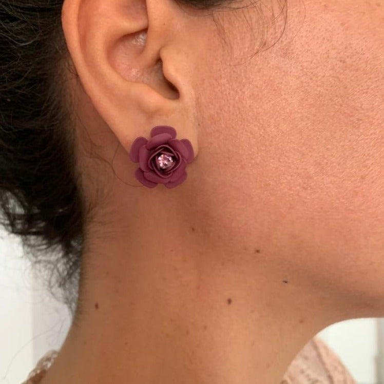 Tuscany Grape Purple Camellia Stud Earrings with crystal - Silk Effect