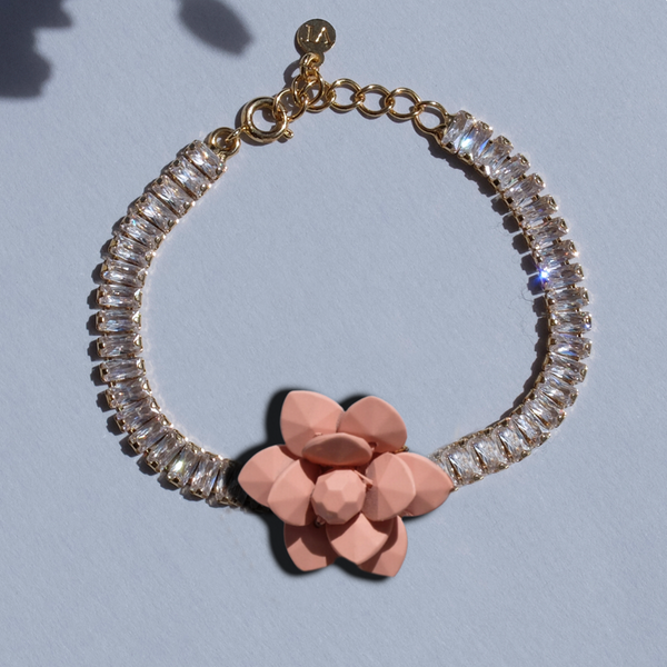 Tennis Bracelet with Zircons and Murano Pink Sunset Lily Hand-sewn flower - Giverny Collection