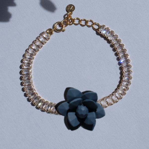 Tennis Bracelet with Zircons and Adriatic Sea Breezy Blue Lily Hand-sewn flower - Giverny Collection