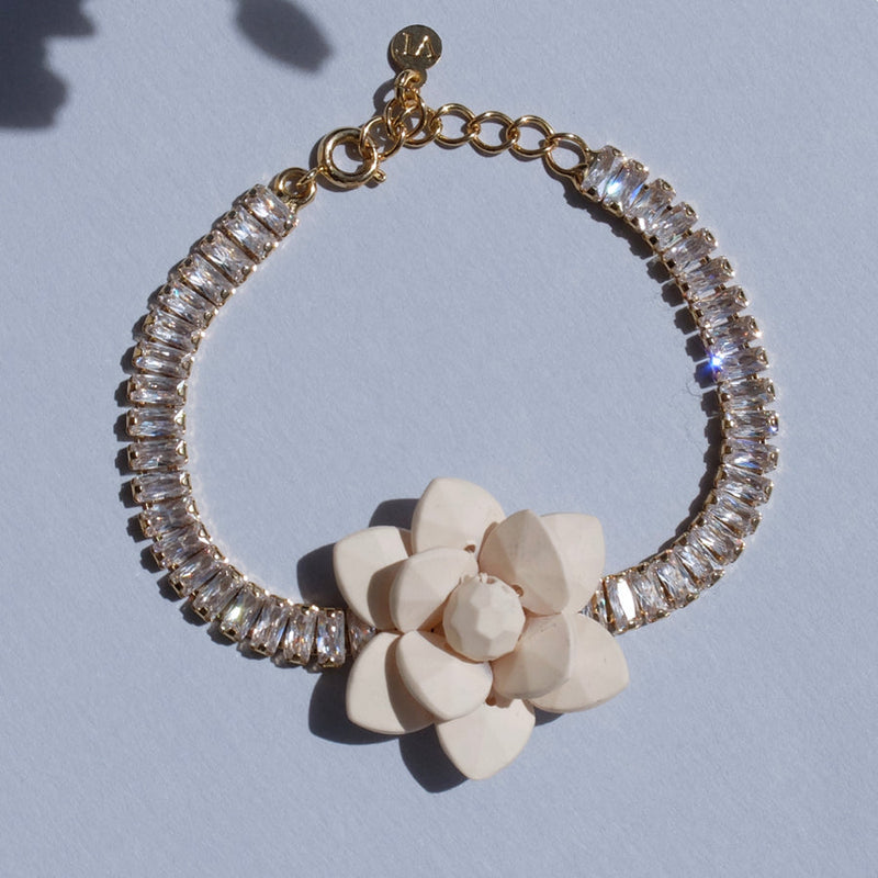 Tennis Bracelet with zircons and Linen Cream Lily Hand Sewn Flower - Giverny collection