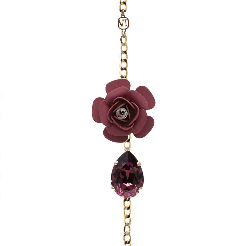 Tuscany Grape Purple Camellia Adjustable Bracelet with Crystal Drop - Silk Effect