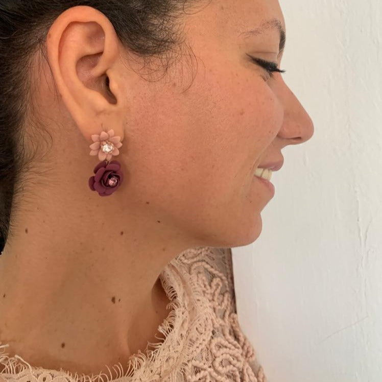 Tuscany Grape Purple Camellia Double Pendant Earrings - Silk Effect