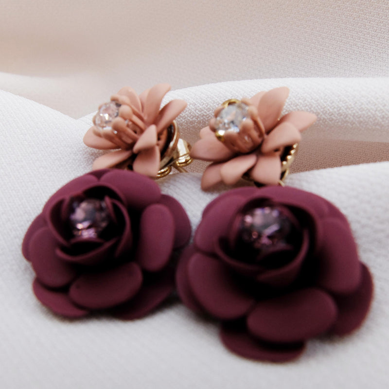 Tuscany Grape Purple Camellia Double Pendant Earrings - Silk Effect