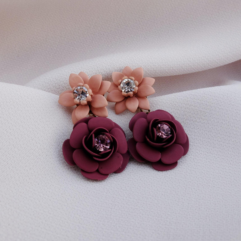 Tuscany Grape Purple Camellia Double Pendant Earrings - Silk Effect
