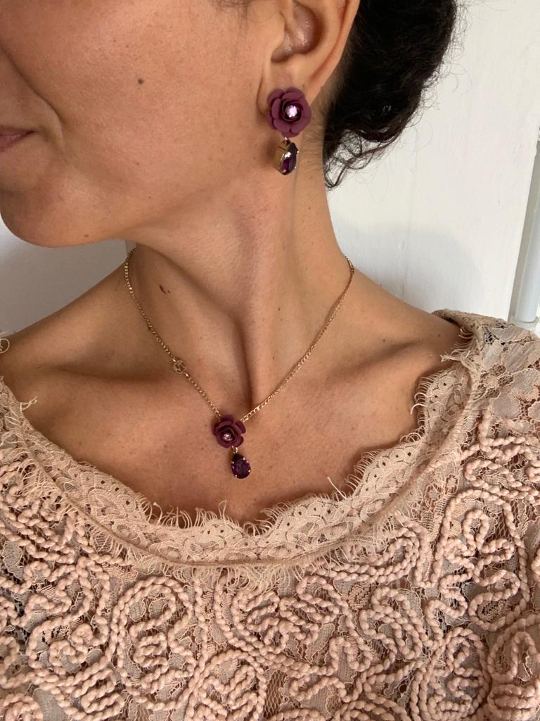 Camellia Necklace with Crystal Drop - Silk Effect