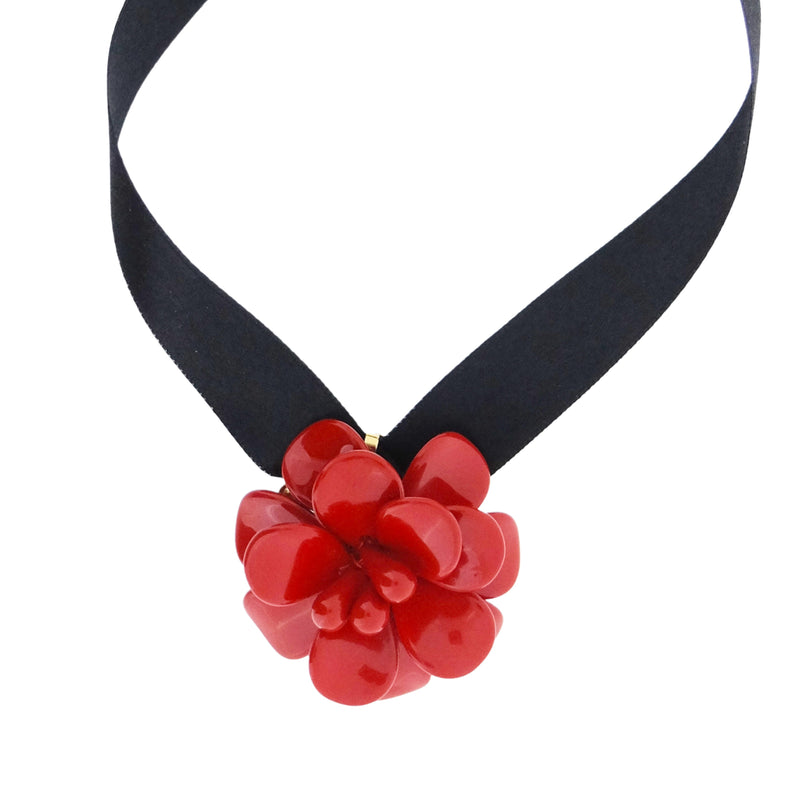 Venetian Red Hibiscus Retro Dangle Choker Necklace