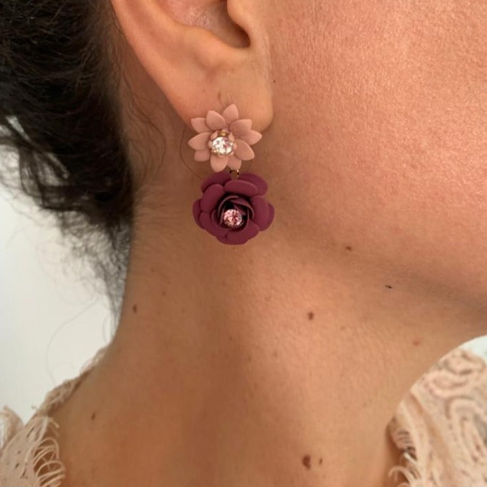 Tuscany Grape Purple Camellia Double Pendant Earrings - Silk Effect