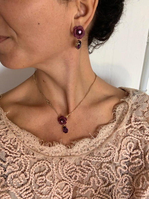 Tuscany Grape Purple Camellia Dangle Drop Earrings with Crystal Drop - Silk Effect