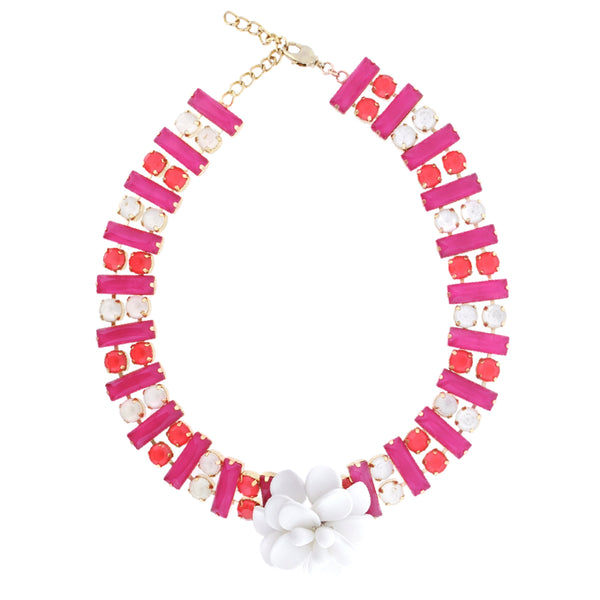 "La Dolce Vita" Hibiscus Mediterranean White Statement Collar Choker Necklace with Hand Painted Resin Stones