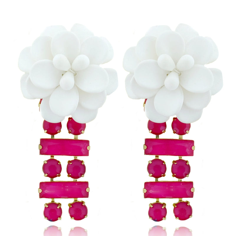 "La Dolce Vita" Hibiscus Mediterranean White Drop Earrings with Hand Painted Resin Stones