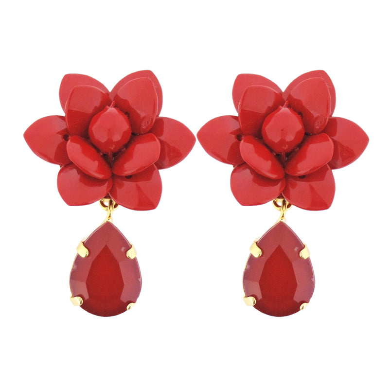 Venetian Red Lily Earrings Laquer Effect - Hand painted Resin Drop