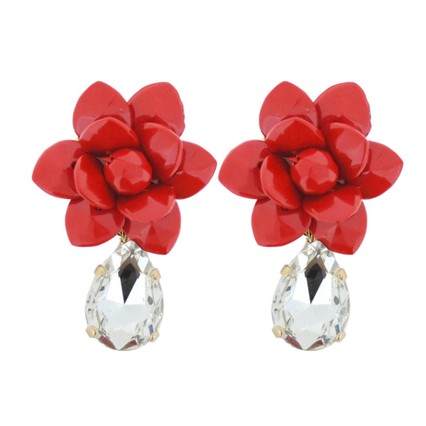 Venetian Red Lily Earrings Laquer Effect - Crystal Drop