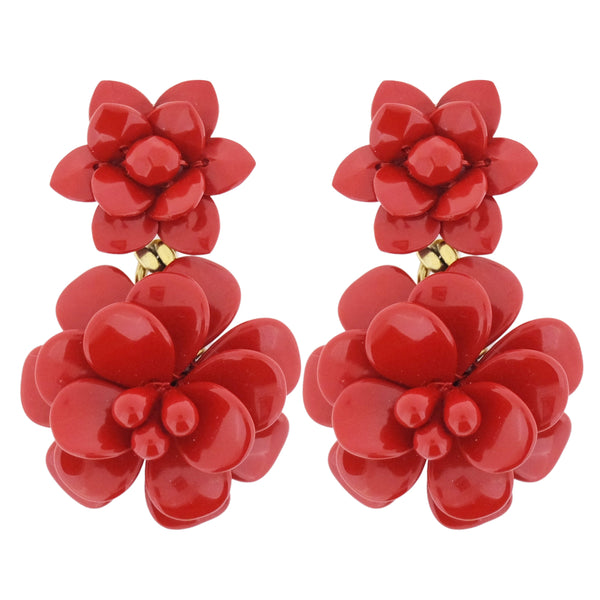 Venetian Red Hibiscus Laquer Effect - Double Pendant Earrings
