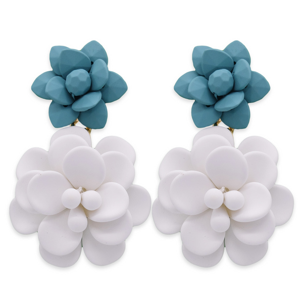 White and Turquoise Hibiscus Silk effect - Double Pendant Earrings